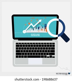 Ordenador portátil moderno, elementos de trabajo para empresas para diseño web, negocios, finanzas, comercio electrónico, optimizaciones de seo, aplicaciones móviles, redes sociales. Icono de diseño plano moderno ilustración vectorial. 