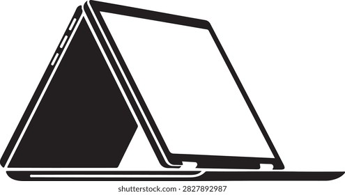 A modern laptop closed and propped up by a triangular stand for display or presentation.