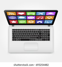 Modern laptop computer with apps icons on screen. Top view. Vector illustration.