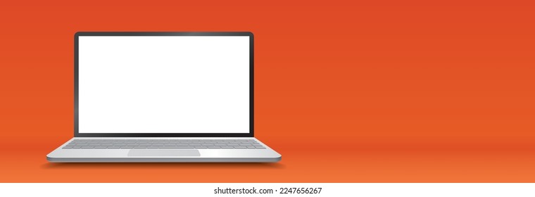 Modern laptop computer with blank white screen isolated on orange background for digital display