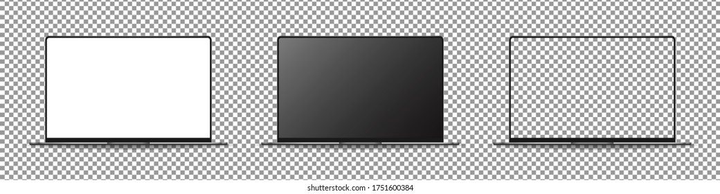 Modern laptop computer mockup set. Laptop with blank screen. Mockup isolated on transparent background. Realistic vector illustration.