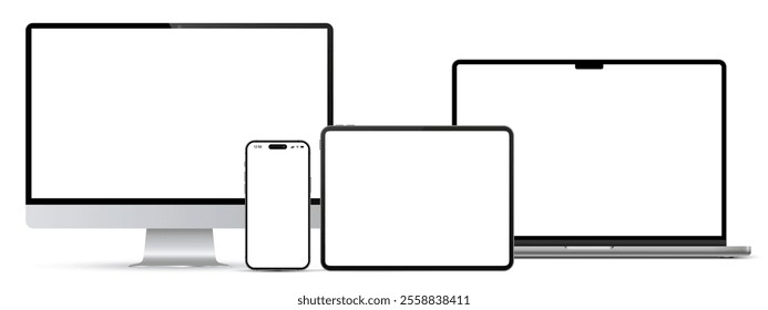 Modern laptop computer, monitor, tablet pc and mobile phone mockup front view, notebook mockup and phone device mockup ui ux app, digital devices screen template isolated on transparent - vector