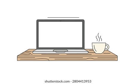 Modern laptop computer sitting on a desk with a steaming hot cup of coffee, perfect for a cozy morning or productive afternoon work session.