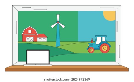 Modern laptop computer sitting on a wooden window sill showing a beautiful green farm field with a red barn.