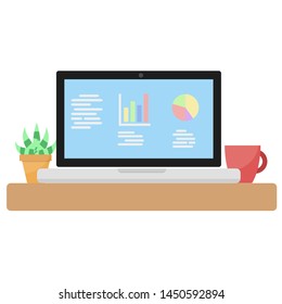 Modern laptop computer with succulents flower in pot and cup in cartoon flat style on white, stock vector illustration