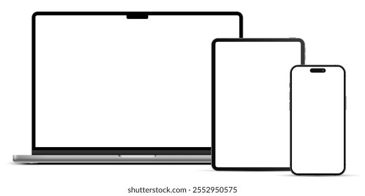 Modern laptop computer, tablet pc and mobile phone mockup front view, notebook mockup and phone device mockup ui ux, digital devices screen template isolated on transparent