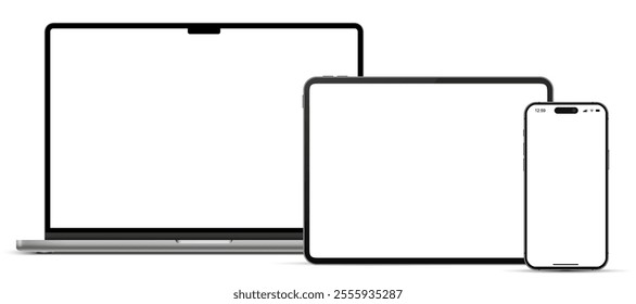 Modern laptop computer, tablet pc and mobile phone mockup front view, notebook mockup and phone device mockup ui ux, digital devices screen template isolated on transparent