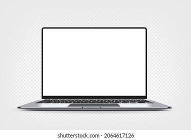 Modern laptop computer vector 3d mockup with shadow isolated on transparent background. Vector notebook photoreal detailed illustration