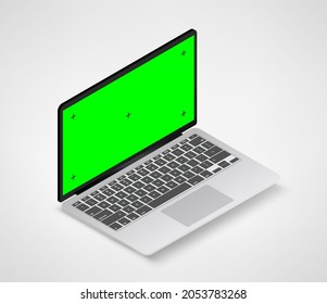 Modern laptop computer vector mockup. Vector notebook with green screen