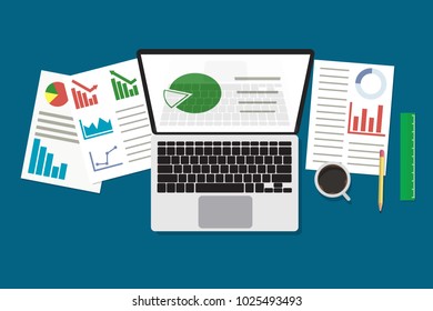 Modern laptop with diagram and different documents, coffee, ruler and pencil. Working place, table at work concept. Eps vector illustration