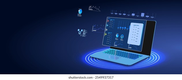 Modern laptop displaying data analytics in a futuristic workspace during the evening