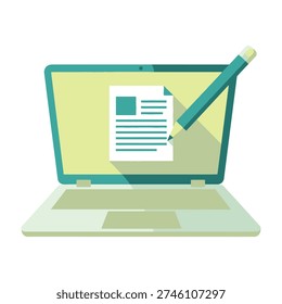 Modern laptop displaying a document with a green pencil hovering above it emphasizing editing and revision in a clean workspace setting