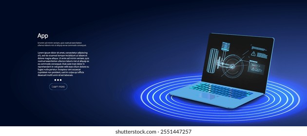 Portátil moderno que muestra el diseño interactivo del App rodeado de Elementos digitales y círculos brillantes.