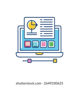 Um notebook moderno exibe dados com um gráfico de pizza e marcadores. O gráfico geral é uma ilustração com base em vetor.