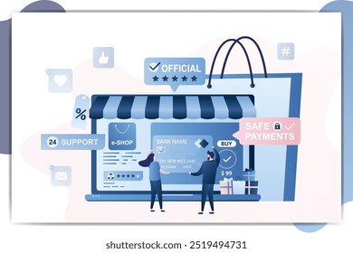 Portátil moderno con aplicación de comercio electrónico y compras en línea, personas con tarjeta de crédito, tienda electrónica con pagos seguros, personajes masculinos y femeninos en estilo simple de moda, diseño plano de Ilustración vectorial