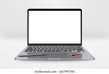 Portátil moderno con pantalla vacía con lápiz y lápiz