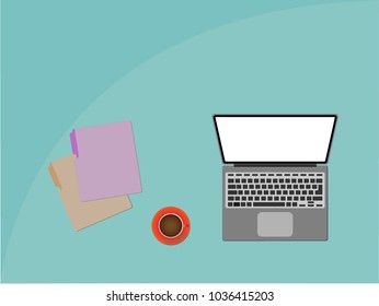 Modern laptop flat design with files and coffee on pastel green color table