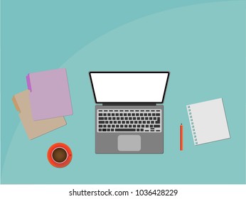 Modern laptop flat design with files, notebook and coffee, pencil on pastel green color table