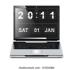 Modern Laptop with Flip Clock Screensaver, realistic vector illustration