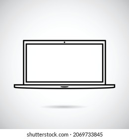Modern laptop in front, the concept of working at home online, teaching school children and students at home. Black isolated on a white background.