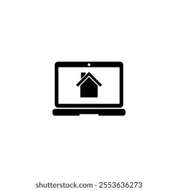 Modern laptop icon displaying a house symbol, representing online real estate or home-based work.