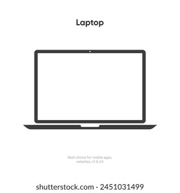 Vista frontal del icono del ordenador portátil moderno sobre fondo blanco. Dispositivo del icono del cuaderno para el App ui ux y la presentación del Sitio web Vector de stock.