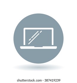 Modern laptop icon. Notebook sign. Personal computer symbol. White icon on cool grey circle background. Vector illustration.