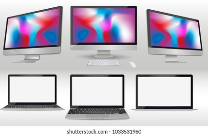 Modern laptop, imac computer isolated on transparent background. Vector mockup. Vector realistic illustration.