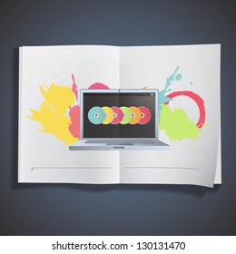 Modern laptop inside a book. Vector design.