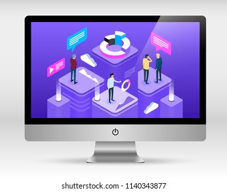 Modern laptop with isometric business composition, Business people working together and developing a successful business strategy.