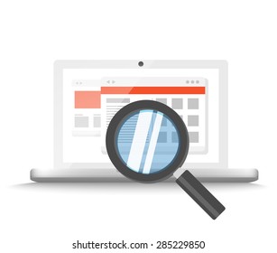 Modern laptop with magnifier searching information on website. Vector illustration 