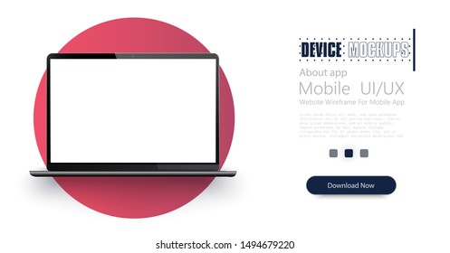 Modern laptop mock up - front view. The laptop is modern on a red background.  Vector illustration