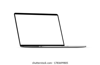 Modern laptop mockup with blank screen isolated on white background, perspective side view. Vector illustration