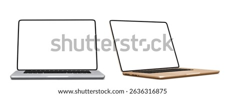 Modern laptop mockup collection for presentations - silver pc front view, gold notebook side angled perspective with blank white screens. Professional computer devices for showcasing web ui design.