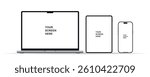 Modern laptop mockup front view, smartphone and tablet mockup isolated on white background. Notebook, phone and tablet device mockup for UI UX app and website presentation. Vector illustration