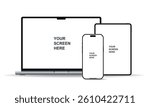 Modern laptop mockup front view, smartphone and tablet mockup isolated on white background. Notebook, phone and tablet device mockup for UI UX app and website presentation. Vector illustration