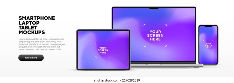 Modern laptop mockup front view and high quality smartphone and tablet mockup isolated on white background. Notebook mockup and phone device mockup for ui ux app and website presentation.Stock Vector.