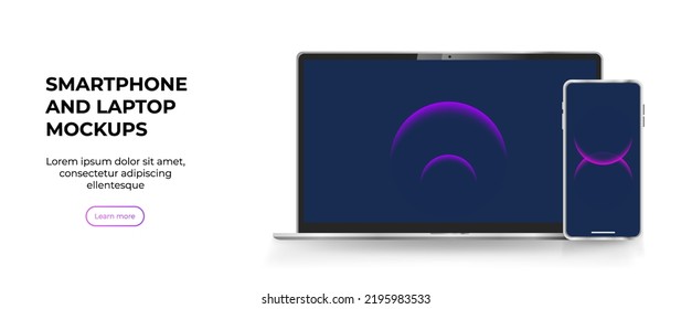 Modern laptop mockup front view and smartphone mockup high quality isolated on white background woth modern abstract theme on screen. Vector digital mockup device concept. Vector illustration concept