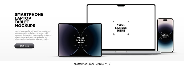 Modern laptop mockup front view   high quality smartphone   tablet mockup isolated white background  Notebook mockup   phone device mockup for ui ux app   website presentation Stock Vector 