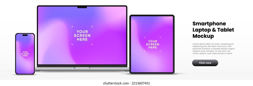 Modern laptop mockup front view and high quality smartphone and tablet mockup isolated on white background. Notebook mockup and phone device mockup for ui ux app and website presentation.Stock Vector.