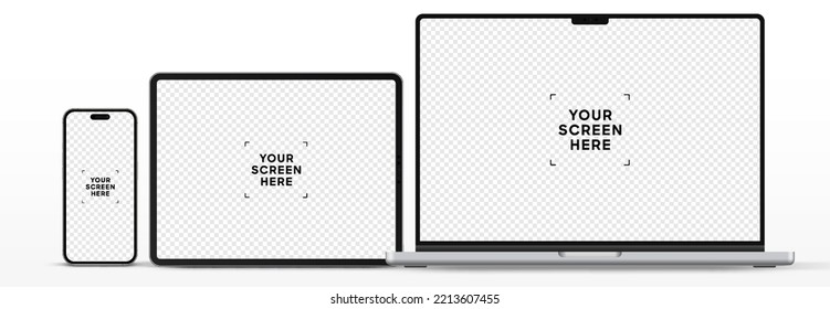 Modern laptop mockup front view and high quality smartphone and tablet mockup isolated on white background. Notebook mockup and phone device mockup for ui ux app and website presentation.Stock Vector.