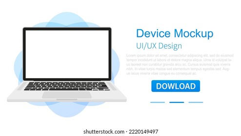 Modern laptop mockup front view high quality isolated on white background. Laptop mockup for ui ux program and website presentation with download button. Vector illustration