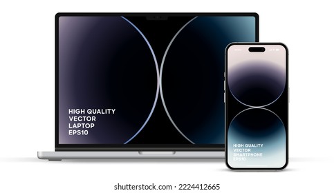 Modern laptop mockup front view and smartphone mockup high quality isolated on white background. Notebook mockup and phone device mockup for ui ux app and website presentation Stock Vector.