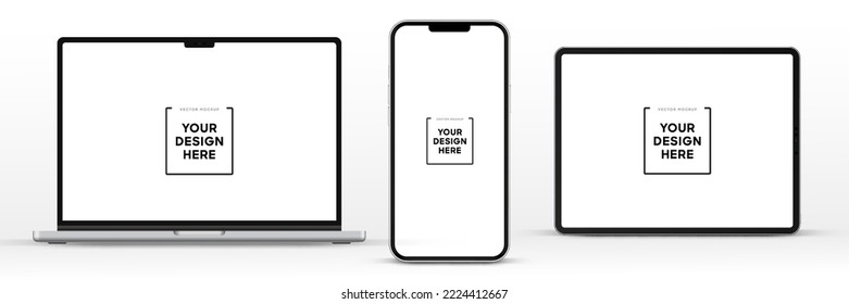 Modern laptop mockup front view and high quality smartphone and tablet mockup isolated on white background. Notebook mockup and phone device mockup for ui ux app and website presentation.Stock Vector.