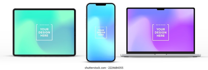 Modern laptop mockup front view and high quality smartphone and tablet mockup isolated on white background. Notebook mockup and phone device mockup for ui ux app and website presentation.Stock Vector.