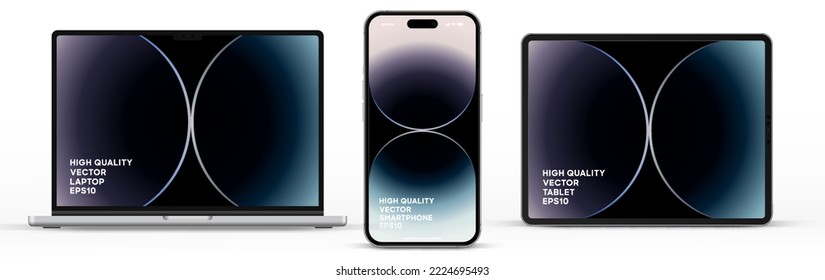 Modern laptop mockup front view and high quality smartphone and tablet mockup isolated on white background. Notebook mockup and phone device mockup for ui ux app and website presentation.Stock Vector.