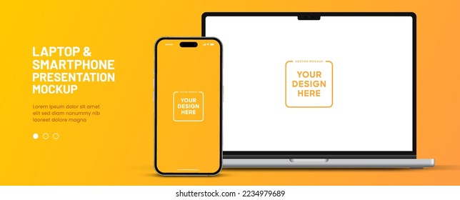 Modern laptop mockup front view and smartphone mockup high quality isolated on white background. Notebook mockup and phone device mockup for ui ux app and website presentation Stock Vector.