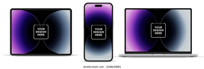 Moderner Laptop-Mock-up Front-View und hochwertiges Smartphone und Tablet-PCs einzeln auf weißem Hintergrund. Notebook-Mock-up und Telefongerät-Mock-up für ui ux app und Website-Präsentation.Stock Vector.