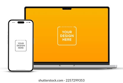 Moderner Notebook-Mock-up Front-View und Smartphone-Mock-up High-Qualität einzeln auf weißem Hintergrund. Notebook-Mock-up und Handy-Gerät-Mock für ui ux app und Website-Präsentation Stock Vector.