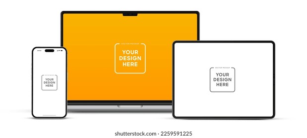 Modern laptop mockup front view and high quality smartphone and tablet mockup isolated on white background. Notebook mockup and phone device mockup for ui ux app and website presentation.Stock Vector.